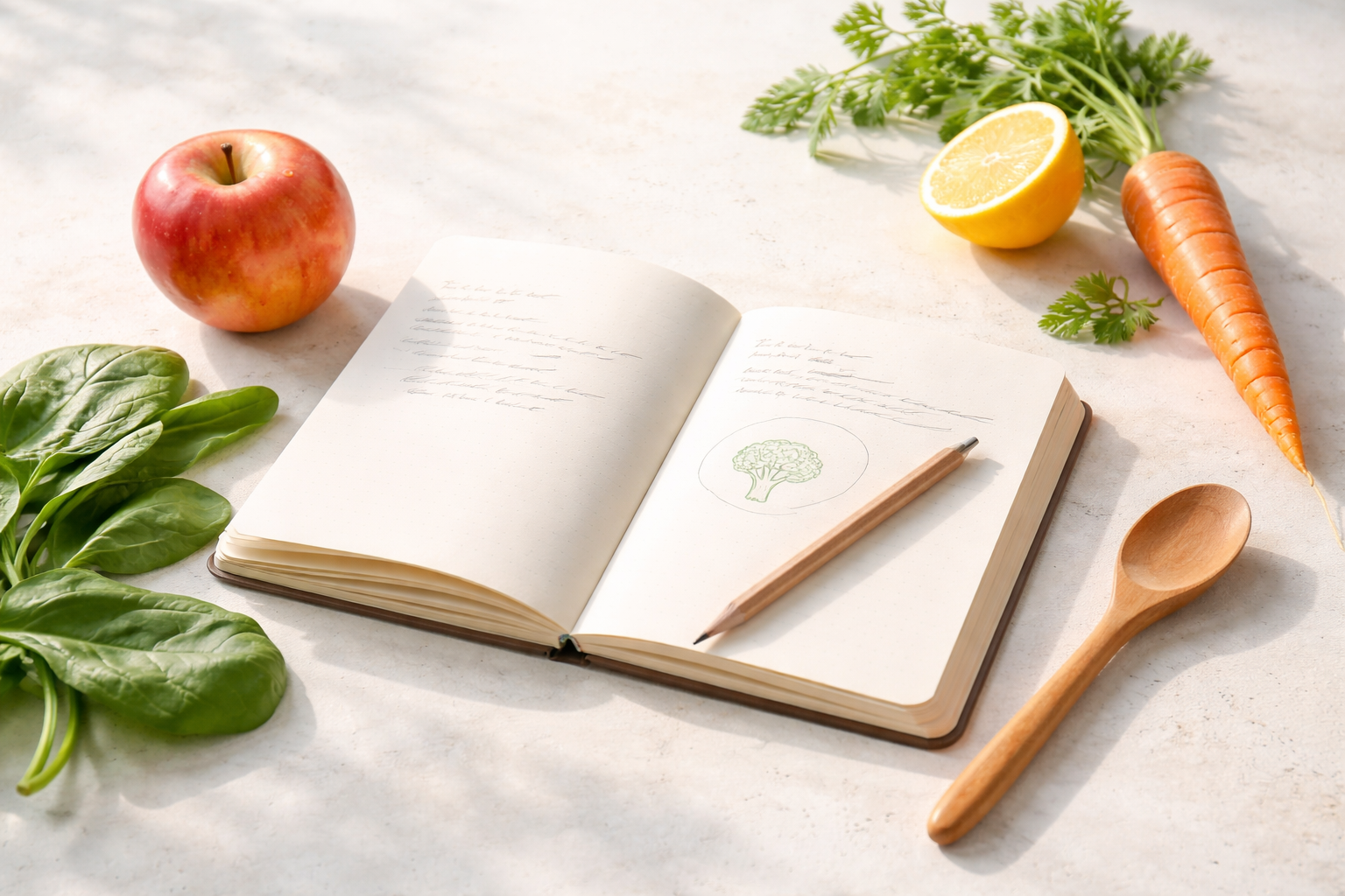 Fruits, légumes et carnet nutrition sur fond ivoire